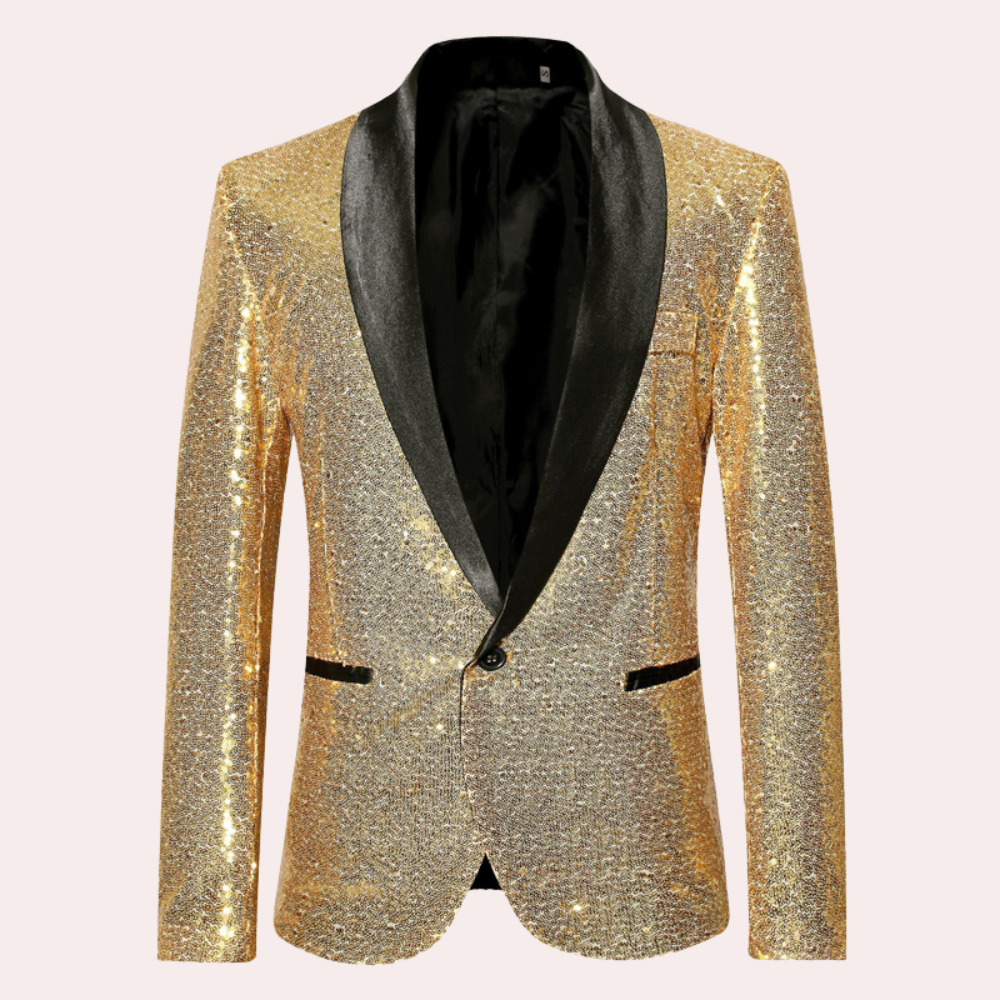 Goldener Pailletten-Blazer mit schwarzem Revers, festliche Herrenmode, eleganter Anzugjacke.