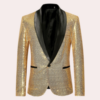 Goldener Pailletten-Blazer mit schwarzem Revers, festliche Herrenmode, eleganter Anzugjacke.