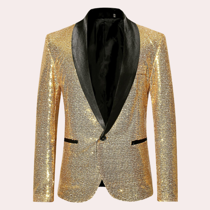 Goldener Pailletten-Blazer mit schwarzem Revers, festliche Herrenmode, eleganter Anzugjacke.