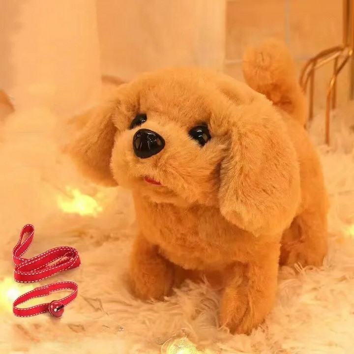 Plüschhund Spielzeug, golden, mit rotem Halsband, auf Teppich, Kinder Geschenk.