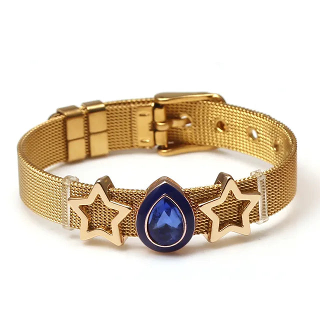 Goldenes Armband mit blauen Edelstein und Sternen, Edelstahl, modisches Schmuckstück.