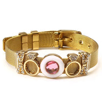Goldenes Armband mit rosa Kristall, Mesh-Design, Damen-Schmuck, elegant und modisch.