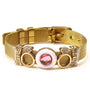 Goldenes Armband mit rosa Kristall, Mesh-Design, Damen-Schmuck, elegant und modisch.