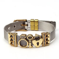 Goldenes Armband mit Herz- und Schlüsseldesign, Edelstahl, verstellbar, modisch, Damenaccessoire.