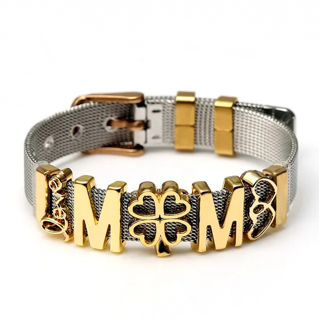 Goldene Armband mit Kleeblatt und Buchstaben, Edelstahl, verstellbar, modisch, Damenaccessoire.