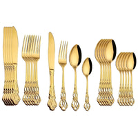 Goldenes Besteckset, 24-teilig, Edelstahl, luxuriöses Design, ideal für festliche Anlässe.