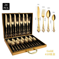 24-teiliges goldfarbenes Besteckset im Koffer, Edelstahl, luxuriöses Design, ideal für Dinnerpartys.