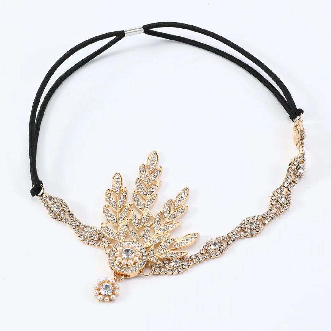 Goldene Haarband mit Strasssteinen, Blattdesign, elastisch, elegantes Accessoire für Damen