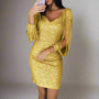 Damen Partykleid Gold Pailletten V-Ausschnitt Langarm Elegant Festlich Mode.