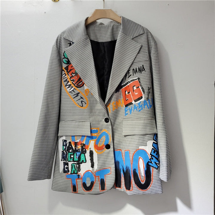 Grauer Blazer mit buntem Graffiti-Design, kariert, Herrenmode, Streetwear, Baumwolle.