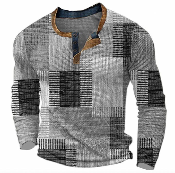 Graues Herren-Henley-Shirt mit Knopfleiste, geometrischem Muster, Langarm, Baumwolle.