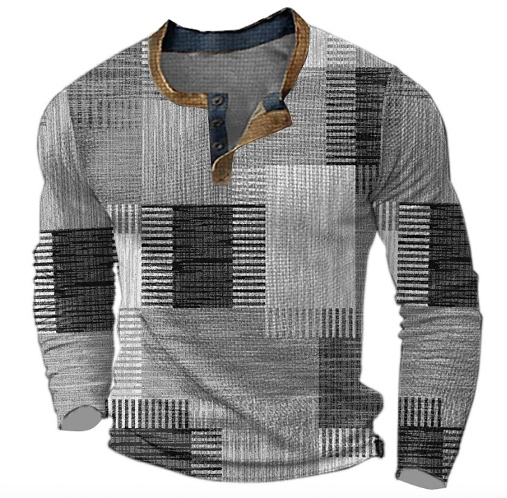 Graues Herren-Henley-Shirt mit Knopfleiste, geometrischem Muster, Langarm, Baumwolle.