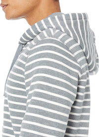 Grauer gestreifter Kapuzenpullover aus Baumwolle, Herrenmode, seitliche Ansicht.