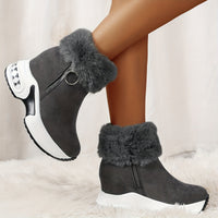 Graue Ankle Boots mit Fellbesatz, Keilabsatz, Reißverschluss, Damenmode, Winterstiefel.
