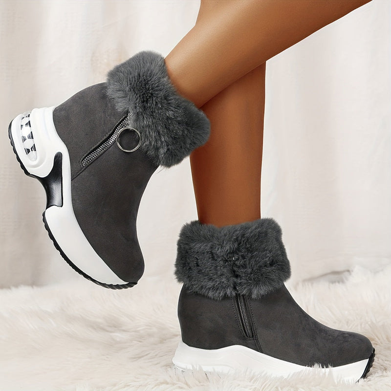 Graue Ankle Boots mit Fellbesatz, Keilabsatz, Reißverschluss, Damenmode, Winterstiefel.