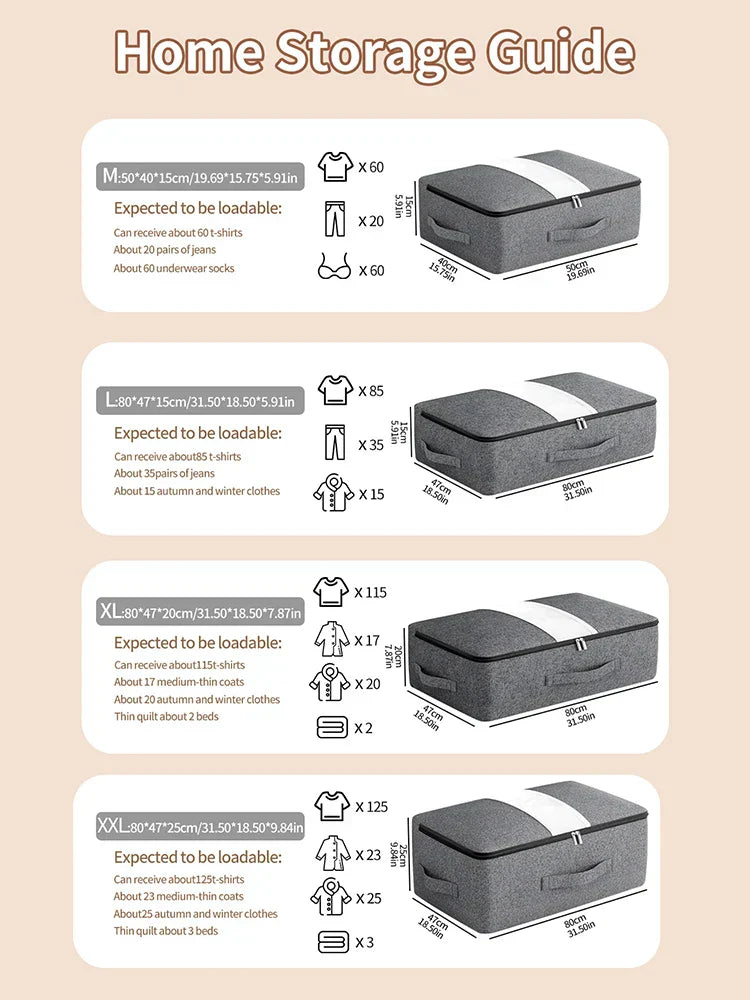 Graue Aufbewahrungstasche mit Fenster, große Kapazität, ideal für Kleidung und Bettwäsche.