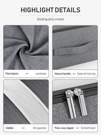 Graue Aufbewahrungstasche mit Fenster, große Kapazität, strapazierfähiger Griff, Zwei-Wege-Reißverschluss.