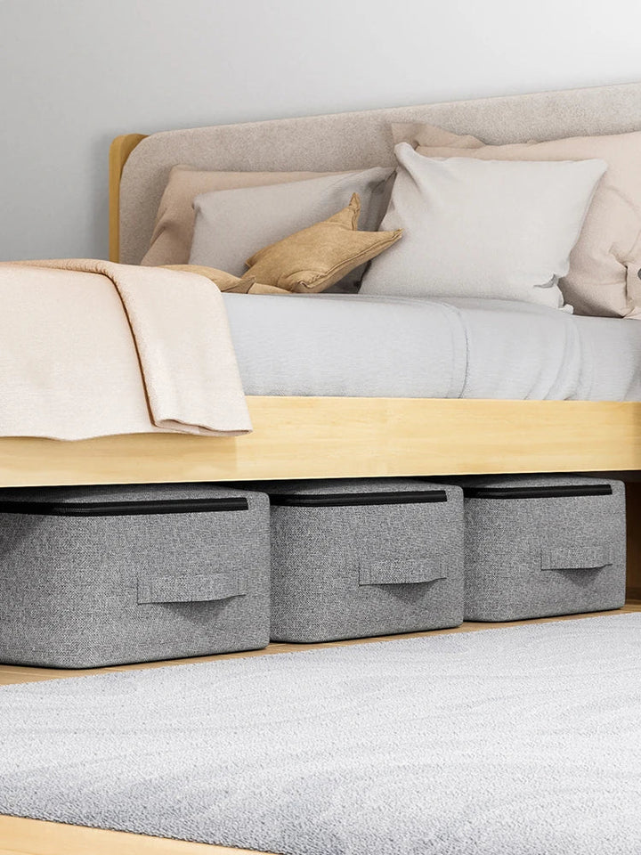 Graue Aufbewahrungstasche unter Bett, große Kapazität, Fenster, Organizer, Schlafzimmer.