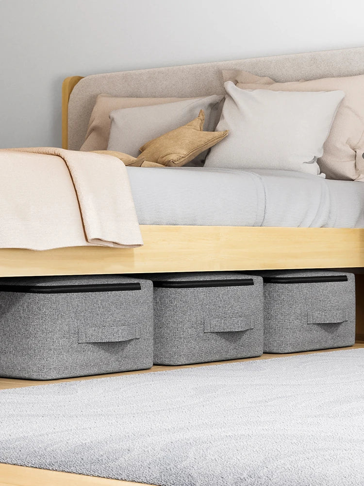 Graue Aufbewahrungstasche unter Bett, große Kapazität, Fenster, Organizer, Schlafzimmer.