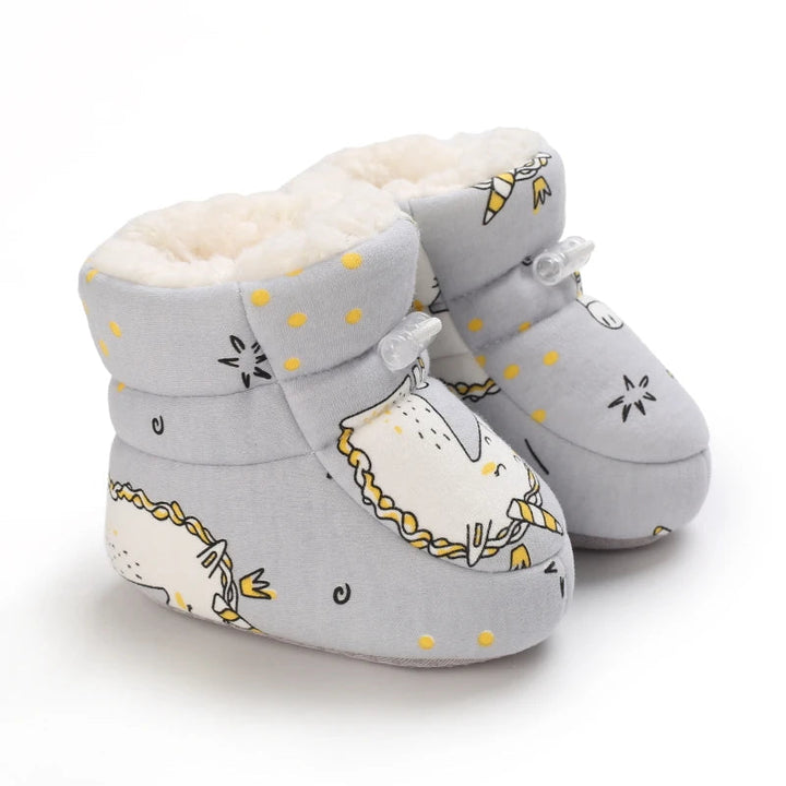 Graue Baby-Stiefel mit Einhorn-Muster, weiches Futter, rutschfeste Sohle, Winterbekleidung.