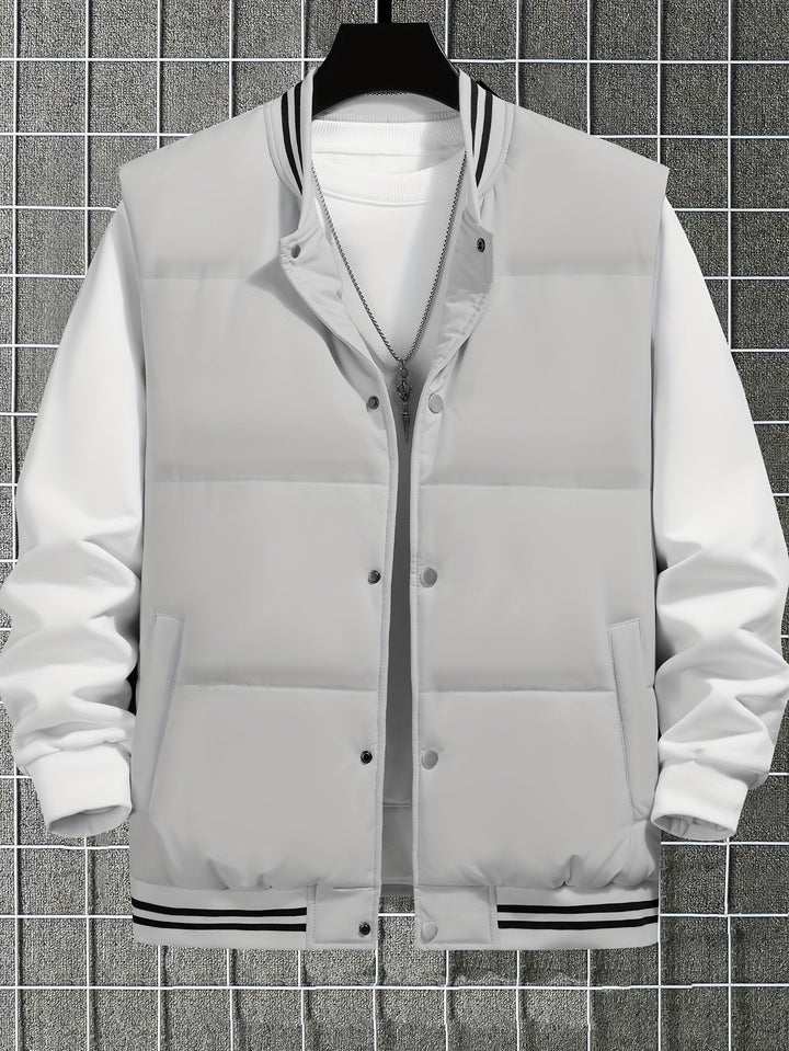 Graue Herren-Bomberjacke, gesteppt, mit schwarzen Streifen, modisch, warm, Winterbekleidung.