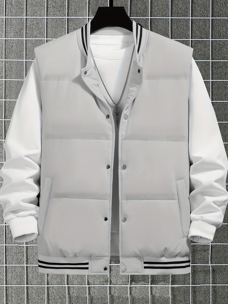 Graue Herren-Bomberjacke, gesteppt, mit schwarzen Streifen, modisch, warm, Winterbekleidung.