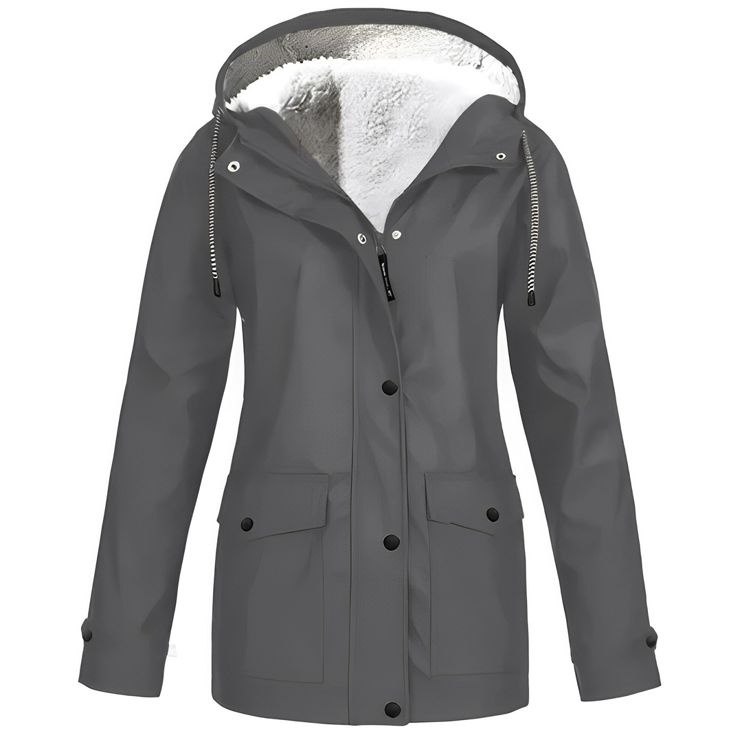 Graue Damenjacke mit Kapuze, wasserdicht, Fleece-Innenfutter, Outdoor-Bekleidung.