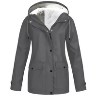 Graue Damenjacke mit Kapuze, wasserdicht, Fleece-Innenfutter, Outdoor-Bekleidung.