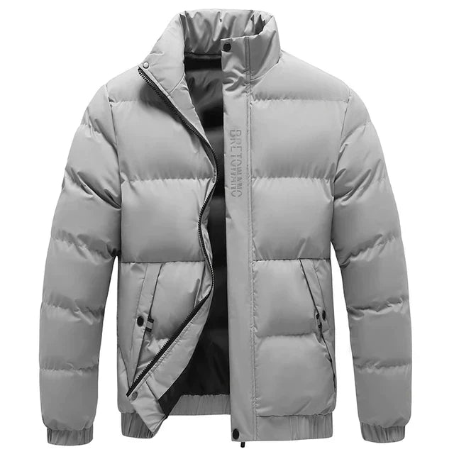 Graue Daunenjacke für Herren, warm, modisch, mit Reißverschluss, Winterbekleidung.