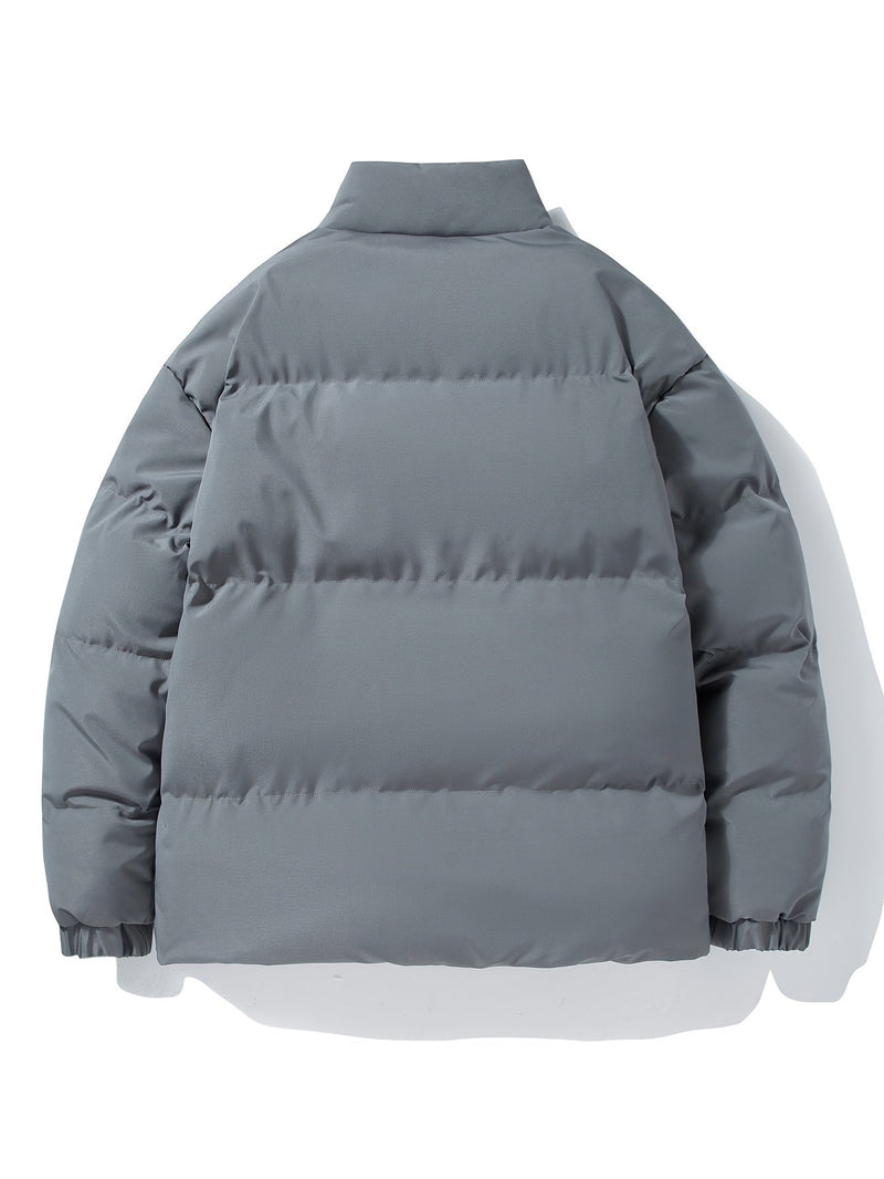 Graue Daunenjacke, warm, wintertauglich, modisch, isoliert, Herrenbekleidung, Outdoor.
