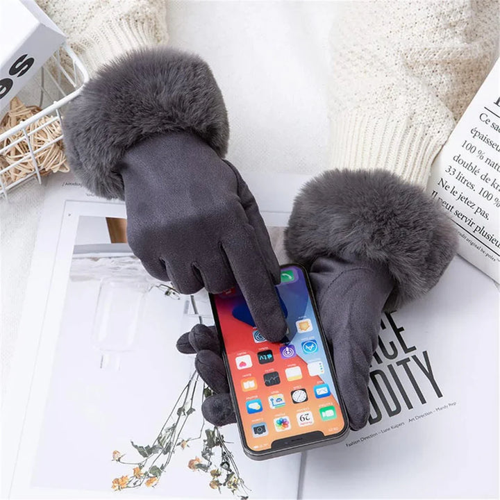 Dunkelgraue Touchscreen-Handschuhe mit Kunstfell, ideal für Smartphones im Winter.