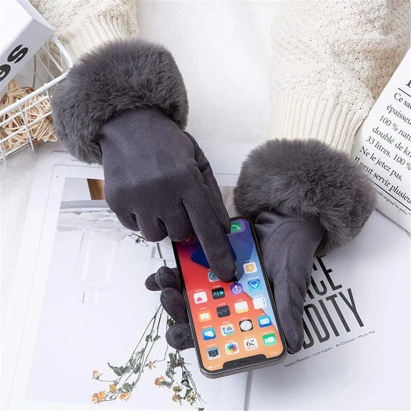 Dunkelgraue Touchscreen-Handschuhe mit Kunstfell, ideal für Smartphones im Winter.