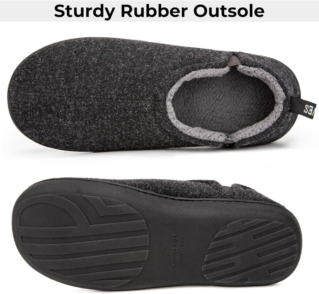 Grauer Filz-Hausschuh mit robuster Gummisohle, warmes Futter, rutschfest, bequem.