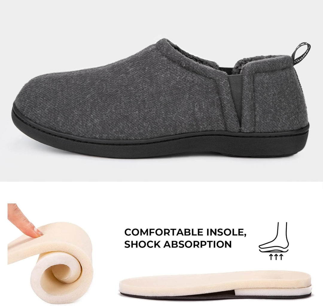 Grauer Filz-Hausschuh mit schwarzer Sohle, bequeme Einlegesohle, stoßdämpfend.