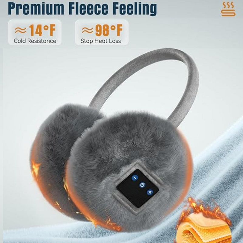 Graue Bluetooth-Ohrenschützer aus Fleece, warm, kältebeständig, mit Bedienelementen.