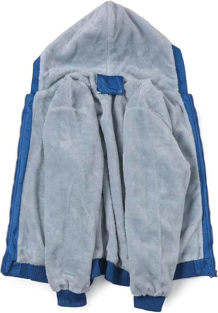 Graue Fleecejacke mit Kapuze, blauem Saum, Reißverschluss, warm, Winterbekleidung.