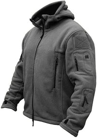 Graue Fleecejacke mit Kapuze, Reißverschlusstaschen, Outdoor-Bekleidung, Herrenmode.