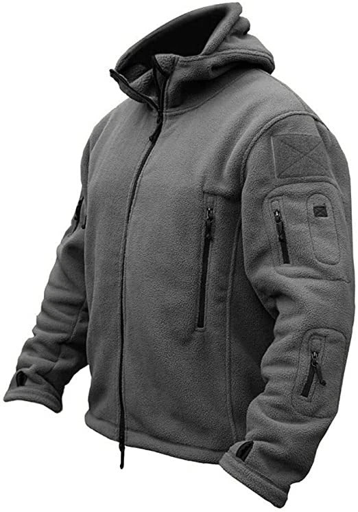Graue Fleecejacke mit Kapuze, Reißverschlusstaschen, Outdoor-Bekleidung, Herrenmode.