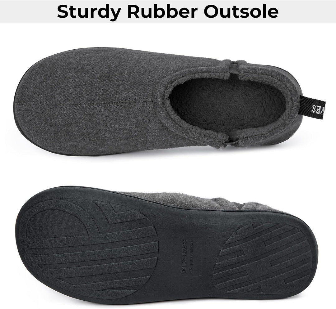 Graue Hausschuhe mit robuster Gummisohle, warmes Futter, rutschfest, bequem, Herrenmode.