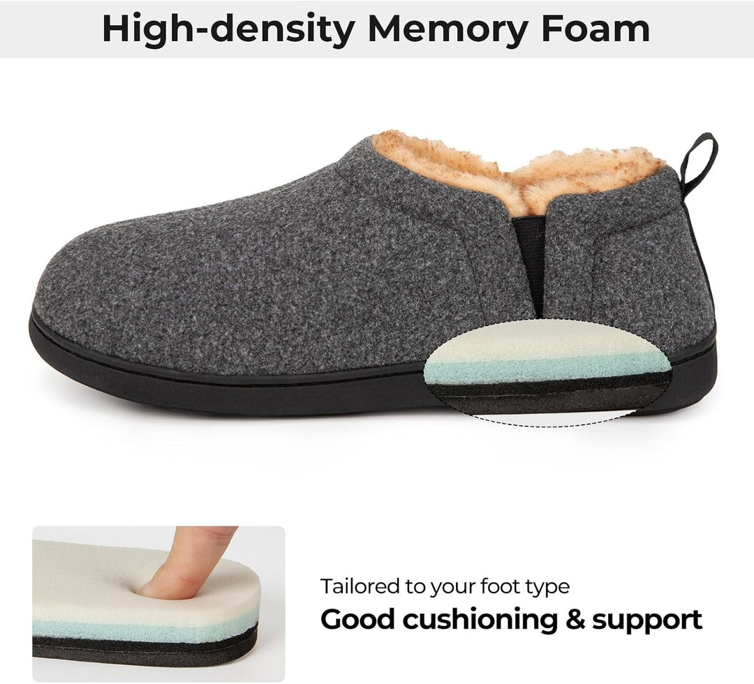 Grauer Hausschuh aus Memory-Schaum, rutschfeste Sohle, warmes Futter, hoher Tragekomfort.