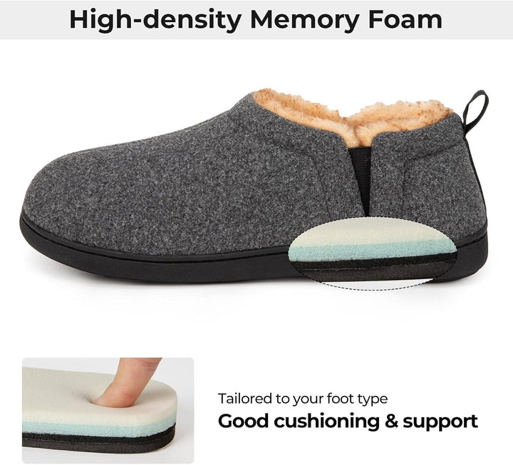 Grauer Hausschuh aus Memory-Schaum, rutschfeste Sohle, warmes Futter, hoher Tragekomfort.
