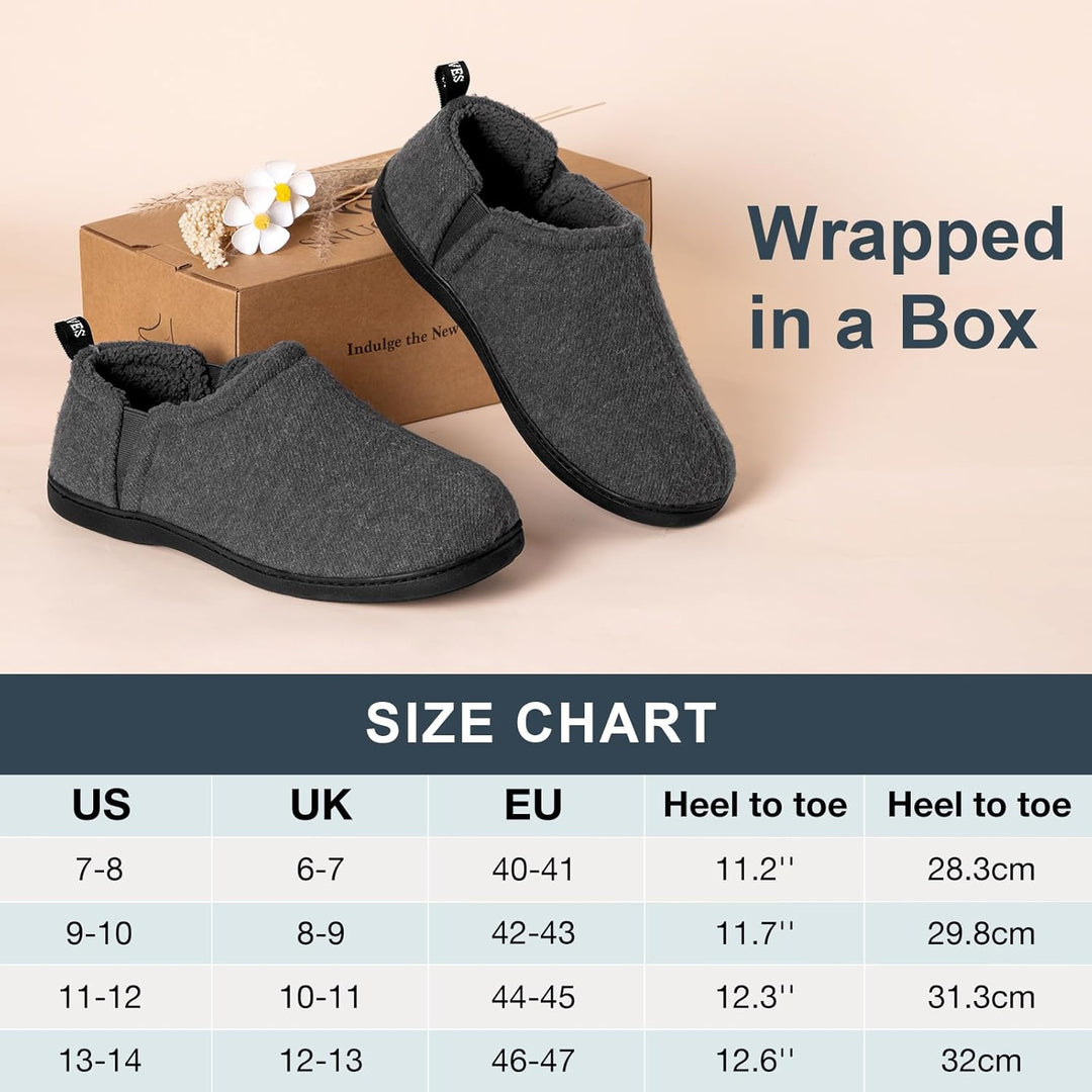 Graue Herren-Hausschuhe aus Fleece, rutschfest, mit Karton, Größenangaben im Bild.