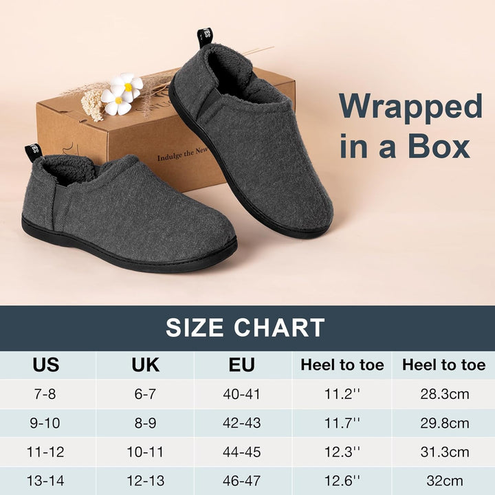 Graue Herren-Hausschuhe aus Fleece, rutschfest, mit Karton, Größenangaben im Bild.