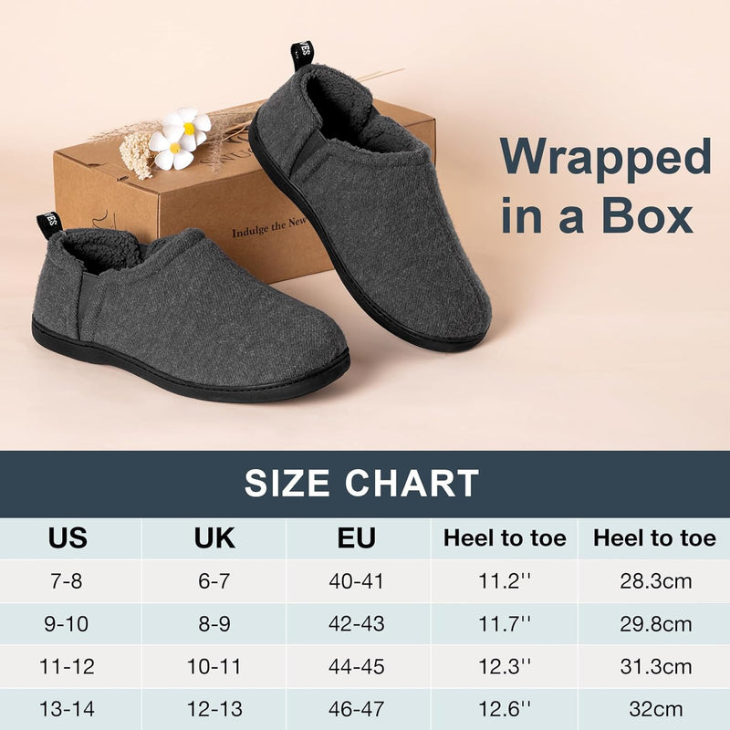 Graue Herren-Hausschuhe aus Fleece, rutschfest, mit Karton, Größenangaben im Bild.