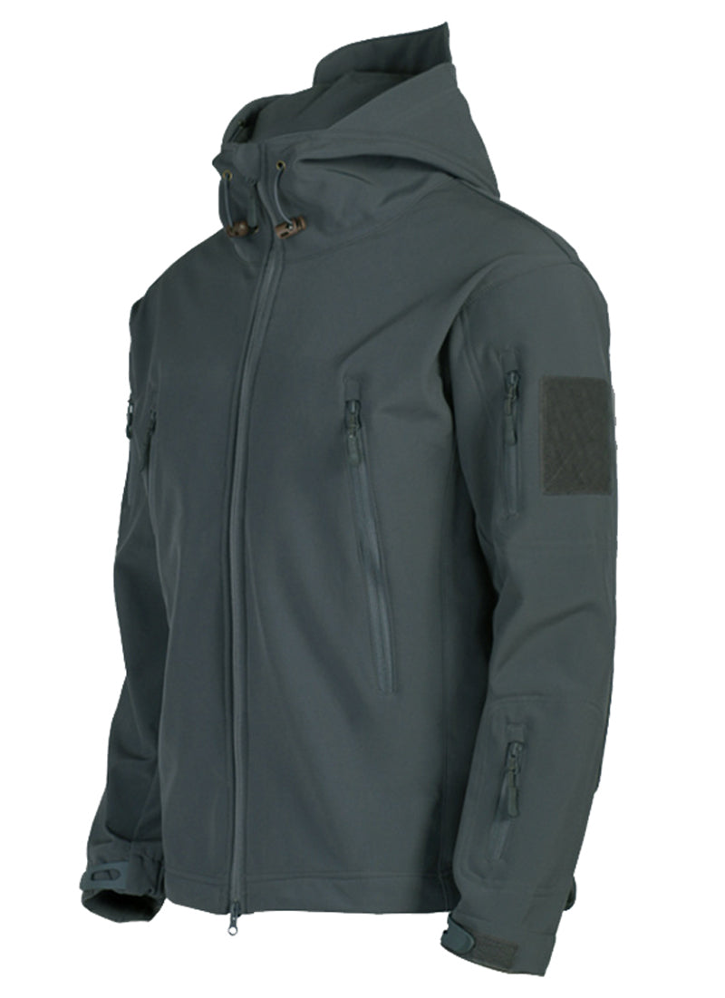 Graue Softshell-Jacke mit Kapuze, Reißverschlusstaschen, wetterfest, Outdoor-Bekleidung.