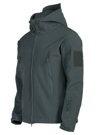 Graue Softshell-Jacke mit Kapuze, Reißverschlusstaschen, wetterfest, Outdoor-Bekleidung.