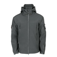 Graue Herren-Softshelljacke mit Kapuze, wasserabweisend, Outdoor-Bekleidung.