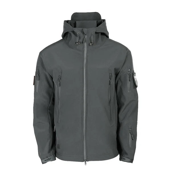 Graue Herren-Softshelljacke mit Kapuze, wasserabweisend, Outdoor-Bekleidung.