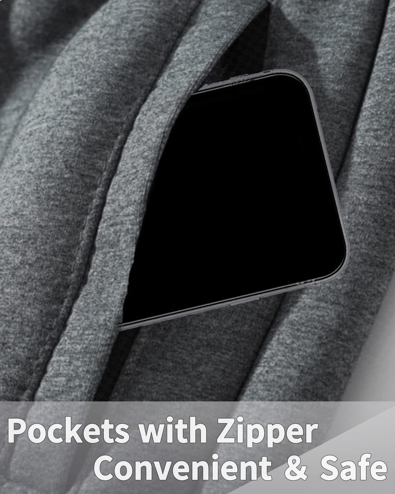 Grauer Hoodie mit Reißverschlusstasche, Smartphone, bequem, sicher, Freizeitkleidung.