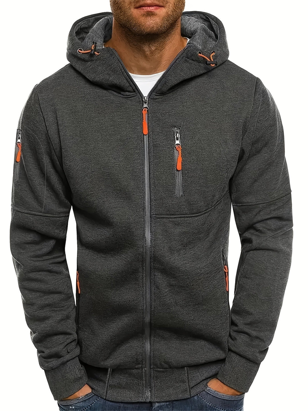 Dunkelgrauer Herren-Hoodie mit Reißverschluss, Kapuze und Taschen, sportlich, bequem.
